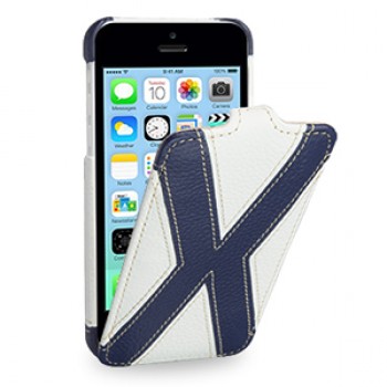 Кожаный премиум чехол книжка вертикальная (2 вида нат. кожи) серия X Style для Iphone 5c белая/синяя