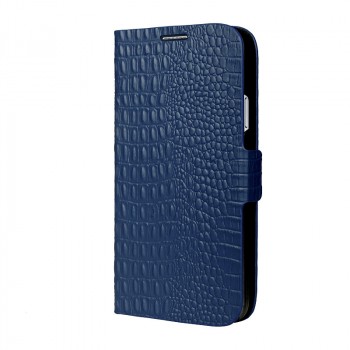 Кожаный чехол горизонтальная книжка (нат. кожа) подставка на силиконовой основе с магнитным креплением текстура крокодил для Samsung Galaxy S5 Синий
