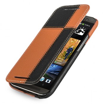 Эксклюзивный кожаный чехол ручной работы книжка горизонтальная (2 вида нат. кожи) серия Quadro для HTC One 2 черный/оранжевый