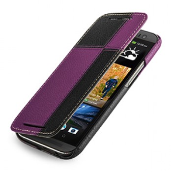 Эксклюзивный кожаный чехол ручной работы книжка горизонтальная (2 вида нат. кожи) серия Quadro для HTC One 2 черный/фиолетовый