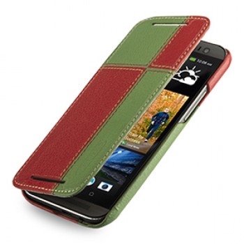 Эксклюзивный кожаный чехол ручной работы книжка горизонтальная (2 вида нат. кожи) серия Quadro для HTC One 2 зеленый/красный