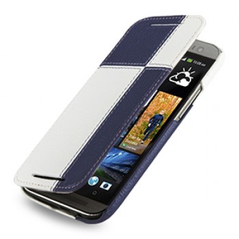 Эксклюзивный кожаный чехол ручной работы книжка горизонтальная (2 вида нат. кожи) серия Quadro для HTC One 2 синий/белый