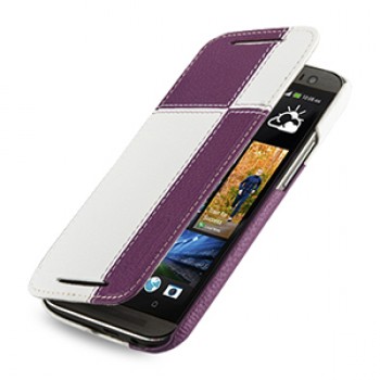 Эксклюзивный кожаный чехол ручной работы книжка горизонтальная (2 вида нат. кожи) серия Quadro для HTC One 2 фиолетовый/белый