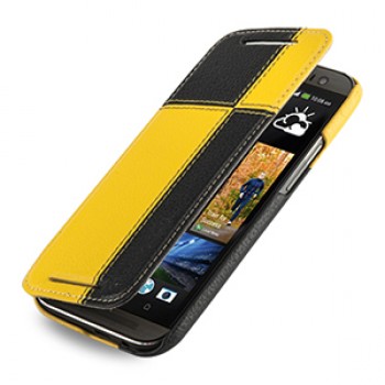 Эксклюзивный кожаный чехол ручной работы книжка горизонтальная (2 вида нат. кожи) серия Quadro для HTC One 2 черный/желтый
