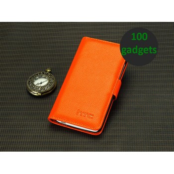 Кожаный чехол портмоне (нат. кожа) для HTC One Max Оранжевый