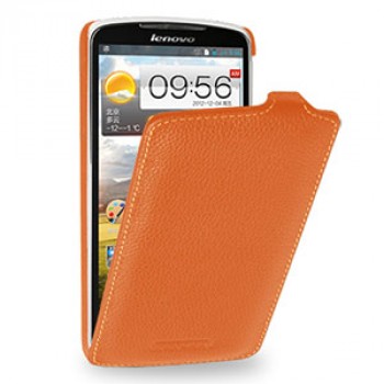 Кожаный чехол книжка вертикальная (нат. кожа) для Lenovo IdeaPhone S920 Оранжевый