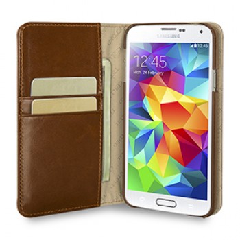 Эксклюзивный кожаный чехол портмоне подставка (нат. вощеная кожа) для Samsung Galaxy S5 коричневый