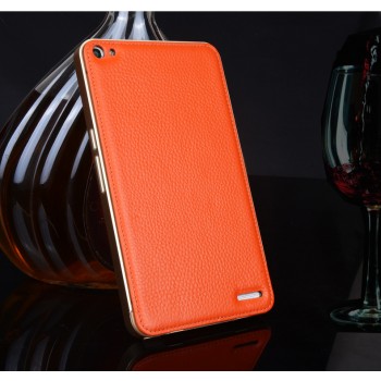 Двухкомпонентный гибридный чехол с металлическим бампером и кожаной накладкой (нат. кожа) для Huawei MediaPad X2 Оранжевый