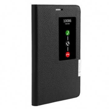 Кожаный чехол смарт флип подставка (нат. кожа) с окном вызова для Huawei MediaPad X2 Черный