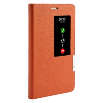 Кожаный чехол смарт флип подставка (нат. кожа) с окном вызова для Huawei MediaPad X2 Оранжевый