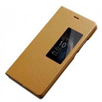 Кожаный чехол флип подставка (нат. кожа) с окном вызова для Huawei P8 Бежевый