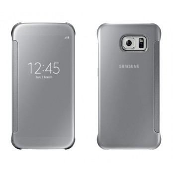Пластиковый зеркальный чехол книжка для Samsung Galaxy S6 с полупрозрачной крышкой для уведомлений Серый