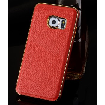 Двухкомпонентный чехол металлический бампер с кожаной накладкой для Samsung Galaxy S6 Красный