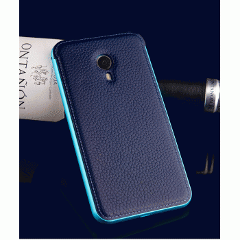 Двухкомпонентный гибридный чехол с металлическим бампером и кожаной накладкой для Meizu MX5 Синий
