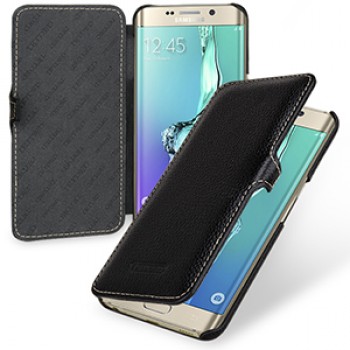 Кожаный чехол горизонтальная книжка (нат. кожа) с крепежной застежкой для Samsung Galaxy S6 Edge Plus Черный