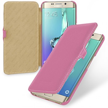 Кожаный чехол горизонтальная книжка (нат. кожа) с крепежной застежкой для Samsung Galaxy S6 Edge Plus Розовый