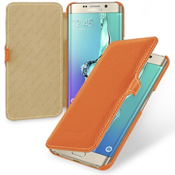 Кожаный чехол горизонтальная книжка (нат. кожа) с крепежной застежкой для Samsung Galaxy S6 Edge Plus Оранжевый
