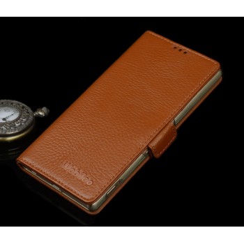 Кожаный чехол горизонтальная книжка (нат. кожа) с крепежной застежкой для Sony Xperia M5 Бежевый