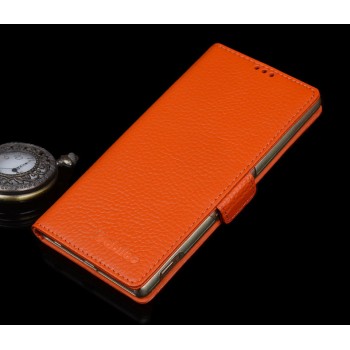 Кожаный чехол горизонтальная книжка (нат. кожа) с крепежной застежкой для Sony Xperia M5 Оранжевый