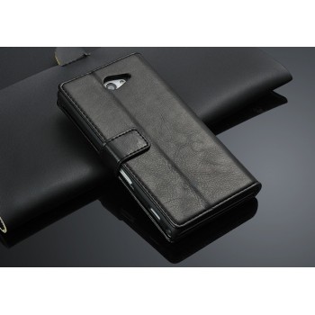Чехол портмоне горизонтальная книжка с крепежной застежкой вощеная кожа для Sony Xperia M2 Aqua Черный