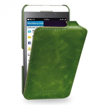 Эксклюзивный кожаный чехол вертикальная книжка (цельная телячья нат. вощеная кожа) для BlackBerry Z10 Зеленый