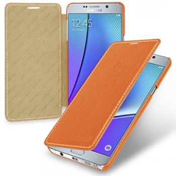 Кожаный чехол горизонтальная книжка (нат. кожа) для Samsung Galaxy Note 5 Оранжевый