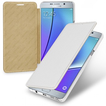 Кожаный чехол горизонтальная книжка (нат. кожа) для Samsung Galaxy Note 5 Белый