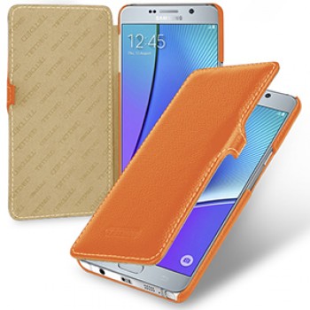Кожаный чехол горизонтальная книжка (нат. кожа) с крепежной застёжкой для Samsung Galaxy Note 5 Оранжевый