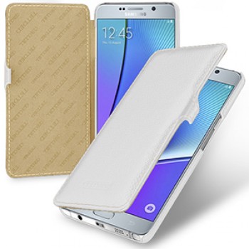 Кожаный чехол горизонтальная книжка (нат. кожа) с крепежной застёжкой для Samsung Galaxy Note 5 Белый