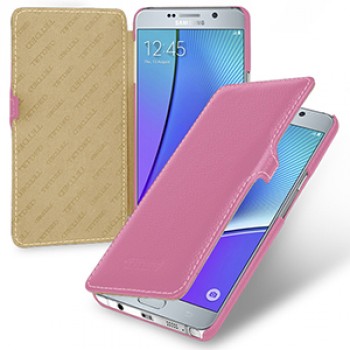 Кожаный чехол горизонтальная книжка (нат. кожа) с крепежной застёжкой для Samsung Galaxy Note 5 Розовый