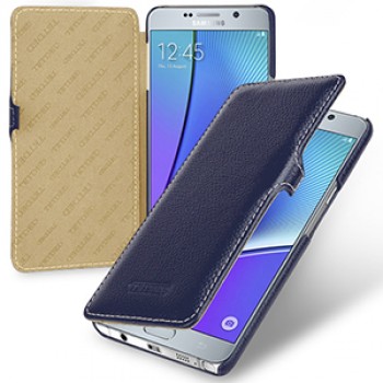 Кожаный чехол горизонтальная книжка (нат. кожа) с крепежной застёжкой для Samsung Galaxy Note 5 Синий