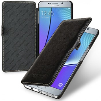 Кожаный чехол горизонтальная книжка (нат. кожа) с крепежной застёжкой для Samsung Galaxy Note 5 Черный