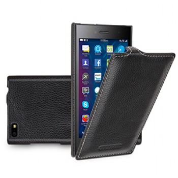 Кожаный чехол вертикальная книжка (нат. кожа) для Blackberry Leap Черный