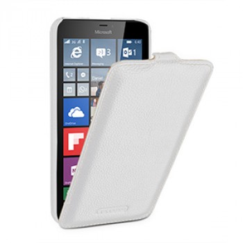 Кожаный чехол вертикальная книжка (нат. кожа) с крепежной застежкой для Microsoft Lumia 640 XL Белый