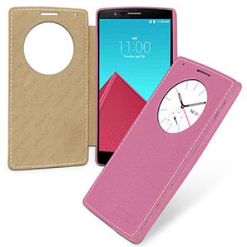 Кожаный смарт чехол горизонтальная книжка (нат.кожа) с круглым окном вызова для LG G4 Розовый