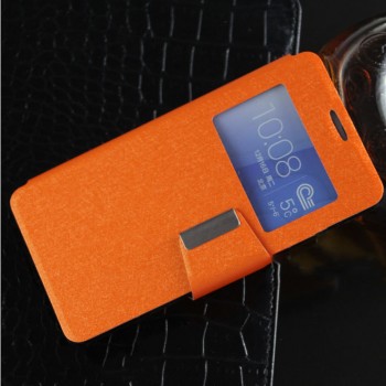 Текстурный чехол флип подставка с окном вызова и магнитной застежкой на силиконовой основе для Huawei Honor 7 Оранжевый