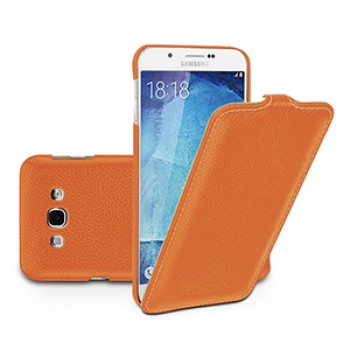 Кожаный чехол вертикальная книжка (нат. кожа) с застежкой для Samsung Galaxy A8 Оранжевый