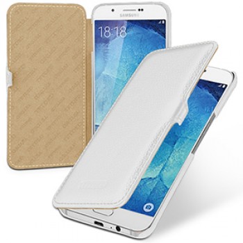 Кожаный чехол горизонтальная книжка (нат. кожа) с застежкой для Samsung Galaxy A8 Белый