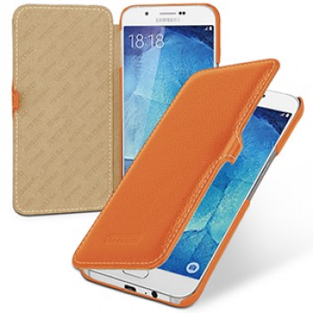 Кожаный чехол горизонтальная книжка (нат. кожа) с застежкой для Samsung Galaxy A8 Оранжевый