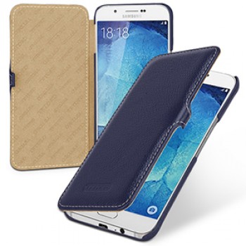 Кожаный чехол горизонтальная книжка (нат. кожа) с застежкой для Samsung Galaxy A8 Голубой
