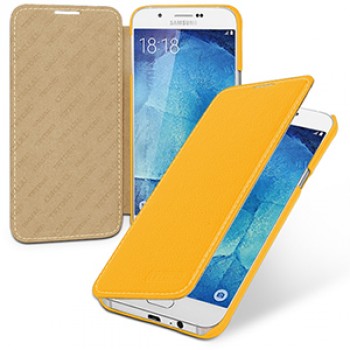 Кожаный чехол горизонтальная книжка (нат. кожа) для Samsung Galaxy A8 Желтый