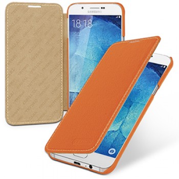 Кожаный чехол горизонтальная книжка (нат. кожа) для Samsung Galaxy A8 Оранжевый
