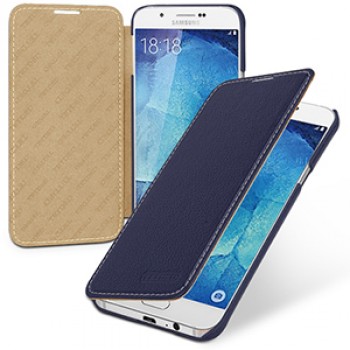 Кожаный чехол горизонтальная книжка (нат. кожа) для Samsung Galaxy A8 Синий