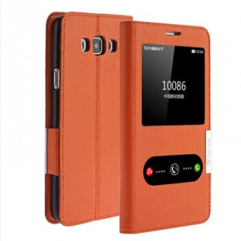 Кожаный чехол флип подставка на пластиковой основе с окном вызова и свайпом для Samsung Galaxy A8 Оранжевый