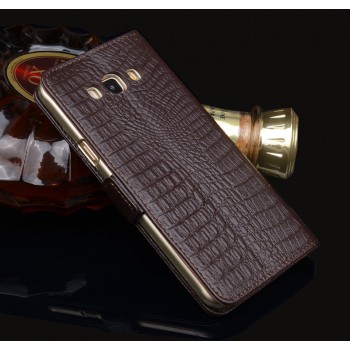 Кожаный чехол портмоне подставка (нат. кожа крокодила) с магнитной защёлкой для Samsung Galaxy A8 Коричневый