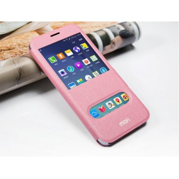 Текстурный чехол флип подставка на пластиковой основе с магнитной защелкой, окном вызова и свайпом для Samsung Galaxy A8 Розовый