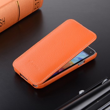 Кожаный чехол вертикальная книжка с защёлкой для Samsung Galaxy S5 Mini Оранжевый