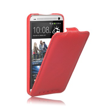 Кожаный чехол вертикальная книжка (нат. кожа) для HTC One (М7) Dual SIM Красный