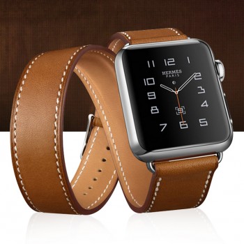 Кожаный прошитый удлиненный ремешок-браслет (нат. кожа) с металлическим коннектором и стальной пряжкой для Apple Watch 38мм