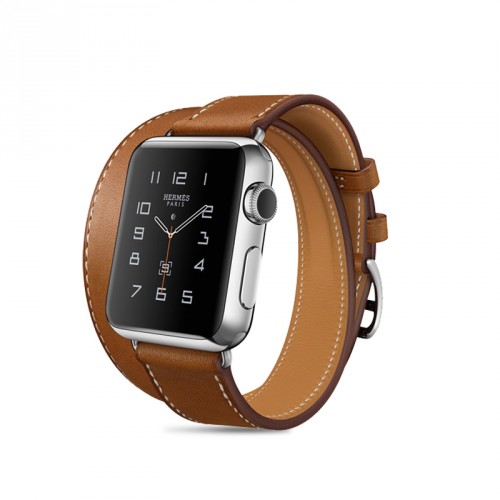 Кожаный прошитый удлиненный ремешок-браслет (нат. кожа) с металлическим коннектором и стальной пряжкой для Apple Watch 38мм, цвет Коричневый